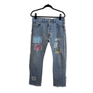 Hand crafted recycled jeans exposed side seams creative statement piece funky